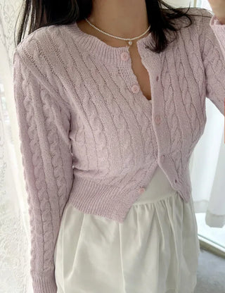 Cable knit semi-cropped round neck cardigan