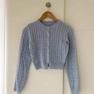 Cable knit semi-cropped round neck cardigan