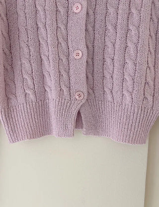 Cable knit semi-cropped round neck cardigan