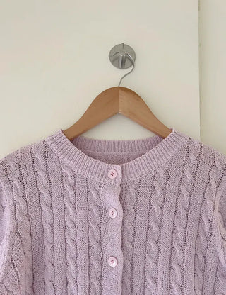 Cable knit semi-cropped round neck cardigan