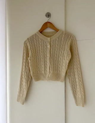 Cable knit semi-cropped round neck cardigan