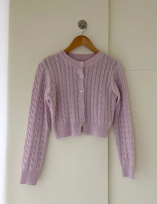 Cable knit semi-cropped round neck cardigan