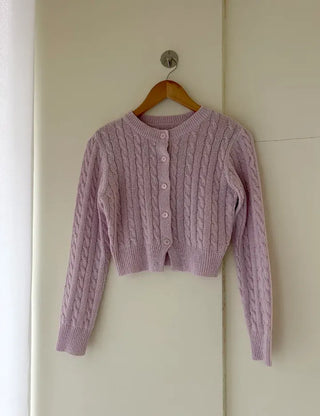 Cable knit semi-cropped round neck cardigan