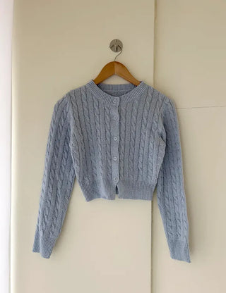 Cable knit semi-cropped round neck cardigan