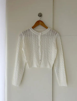 Cable knit semi-cropped round neck cardigan