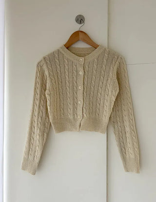 Cable knit semi-cropped round neck cardigan