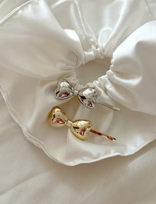 Metal chubby heart ribbon side hair bobby pin
