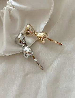 Metal chubby heart ribbon side hair bobby pin