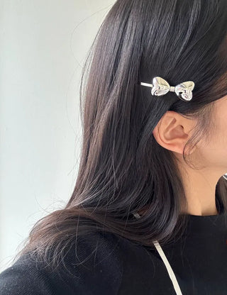 Metal chubby heart ribbon side hair bobby pin