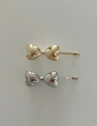 Metal chubby heart ribbon side hair bobby pin
