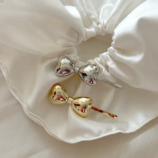 Metal chubby heart ribbon side hair bobby pin