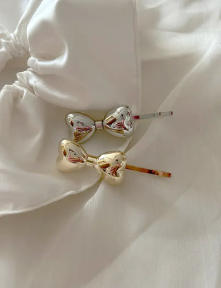 Metal chubby heart ribbon side hair bobby pin