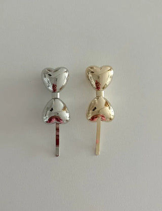 Metal chubby heart ribbon side hair bobby pin