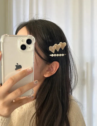 Creamy Marble Heart Pearl Hairpin Set