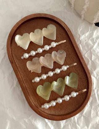 Creamy Marble Heart Pearl Hairpin Set