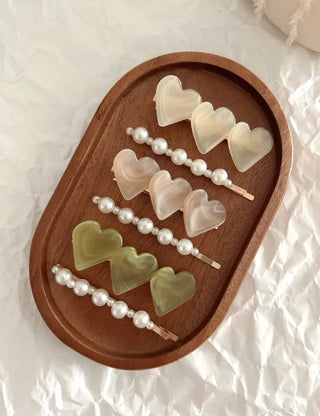 Creamy Marble Heart Pearl Hairpin Set