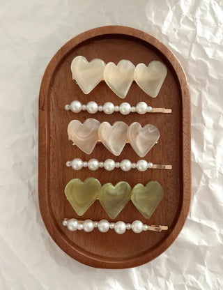 Creamy Marble Heart Pearl Hairpin Set