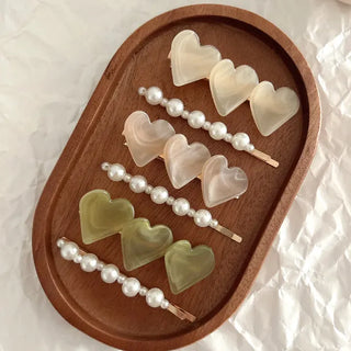 Creamy Marble Heart Pearl Hairpin Set