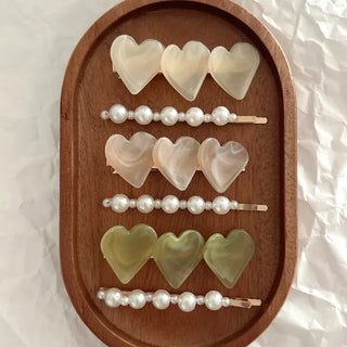 Creamy Marble Heart Pearl Hairpin Set