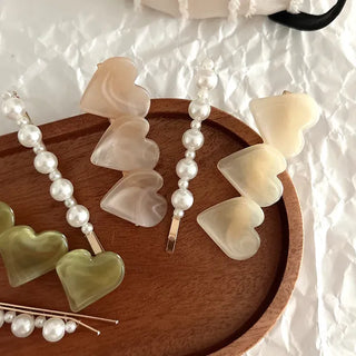 Creamy Marble Heart Pearl Hairpin Set