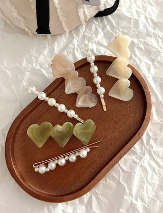 Creamy Marble Heart Pearl Hairpin Set