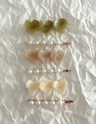 Creamy Marble Heart Pearl Hairpin Set