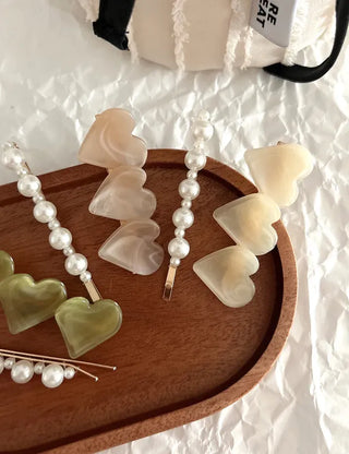 Creamy Marble Heart Pearl Hairpin Set