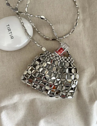 Pearl Added Petit Bead Silver Bag Mini Crossbody Bag