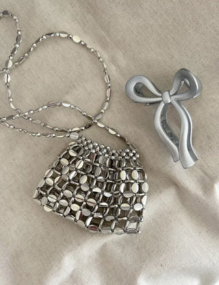 Pearl Added Petit Bead Silver Bag Mini Crossbody Bag