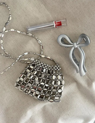 Pearl Added Petit Bead Silver Bag Mini Crossbody Bag
