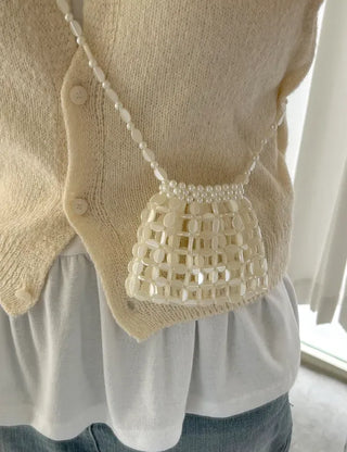 Pearl Added Petit Bead Silver Bag Mini Crossbody Bag