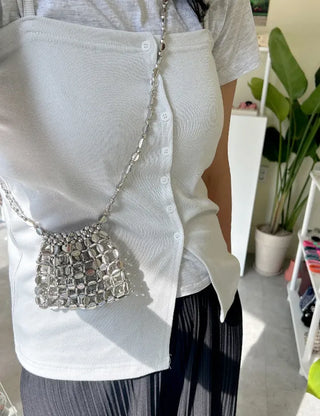 Pearl Added Petit Bead Silver Bag Mini Crossbody Bag