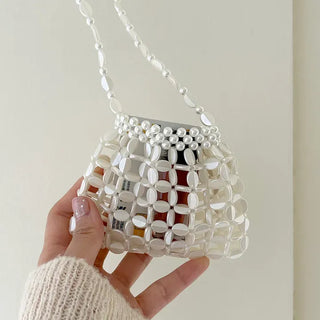 Pearl Added Petit Bead Silver Bag Mini Crossbody Bag