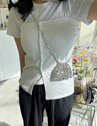 Pearl Added Petit Bead Silver Bag Mini Crossbody Bag