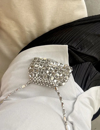 Pearl Added Petit Bead Silver Bag Mini Crossbody Bag