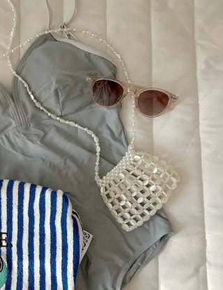 Pearl Added Petit Bead Silver Bag Mini Crossbody Bag