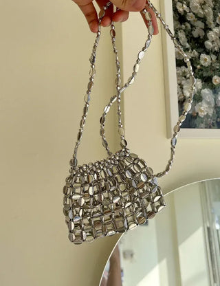Pearl Added Petit Bead Silver Bag Mini Crossbody Bag