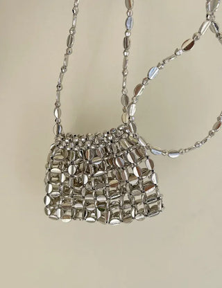 Pearl Added Petit Bead Silver Bag Mini Crossbody Bag