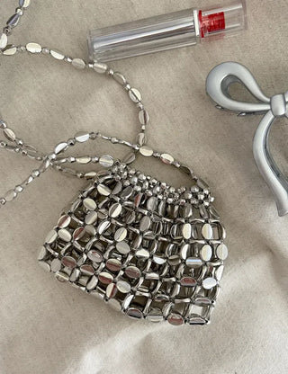Pearl Added Petit Bead Silver Bag Mini Crossbody Bag
