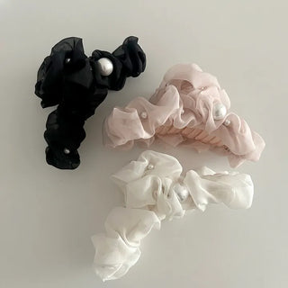 Large pearl chiffon frill scrunchie hair clip