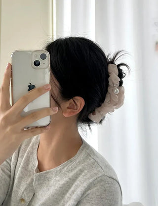 Large pearl chiffon frill scrunchie hair clip