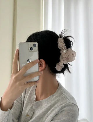 Large pearl chiffon frill scrunchie hair clip