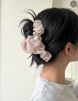 Large pearl chiffon frill scrunchie hair clip