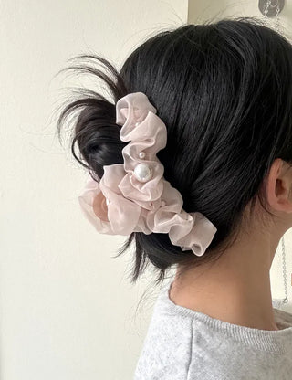 Large pearl chiffon frill scrunchie hair clip