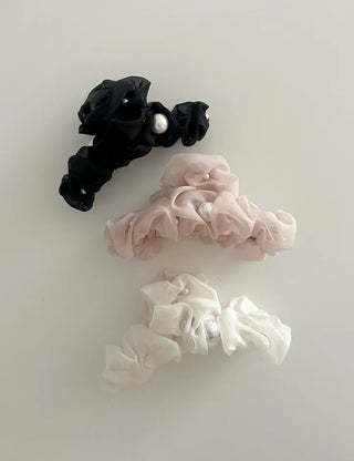 Large pearl chiffon frill scrunchie hair clip