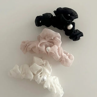 Large pearl chiffon frill scrunchie hair clip