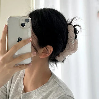 Large pearl chiffon frill scrunchie hair clip