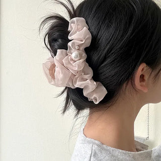 Large pearl chiffon frill scrunchie hair clip