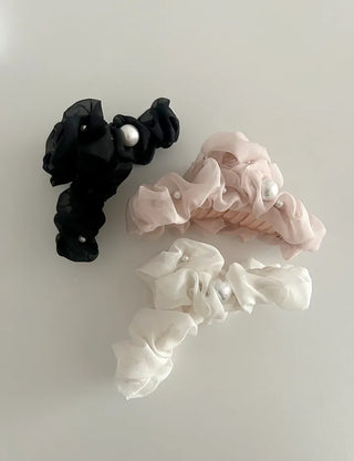 Large pearl chiffon frill scrunchie hair clip