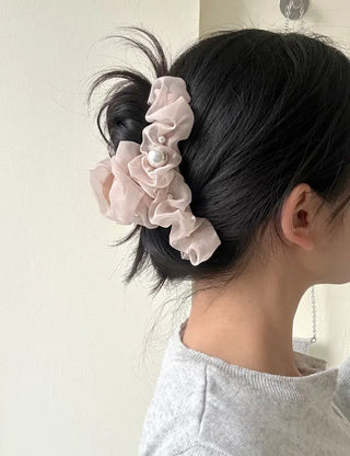 Large pearl chiffon frill scrunchie hair clip
